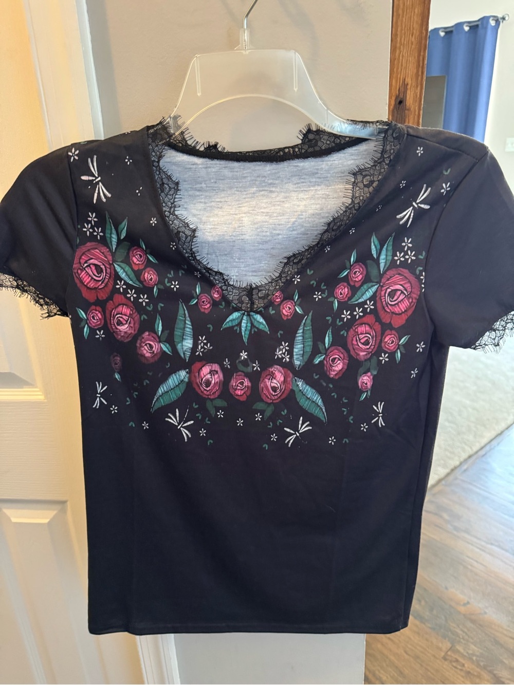 Floral Lace-Trim Black Tee with Pink Roses